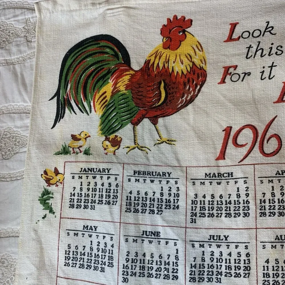 Vintage Tea Towel 1968 Calendar Rooster 16 X 25